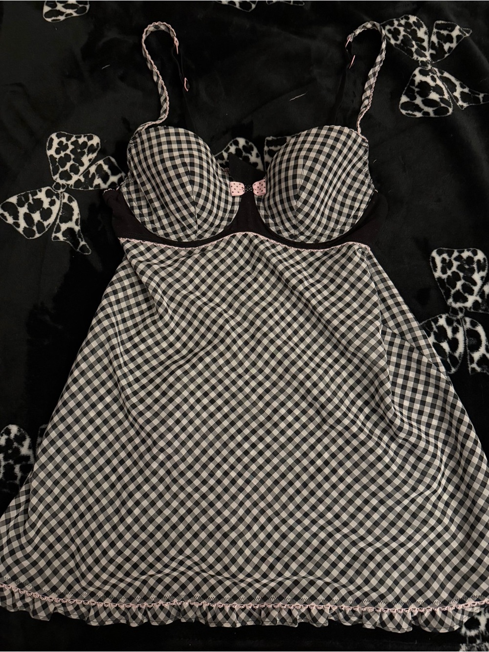 Black, White, and Pink Gingham Babydoll dress with Pink Bow